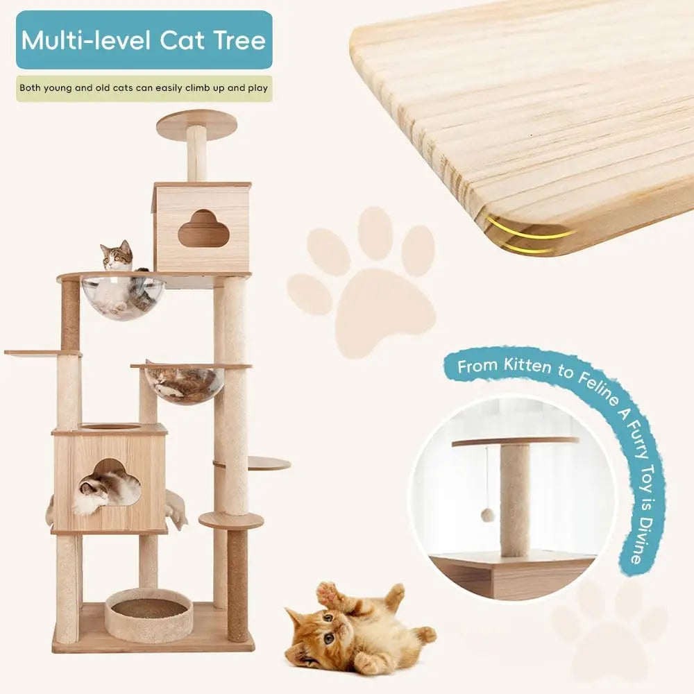 Wooden Cat Tree Tower with Space Capsules