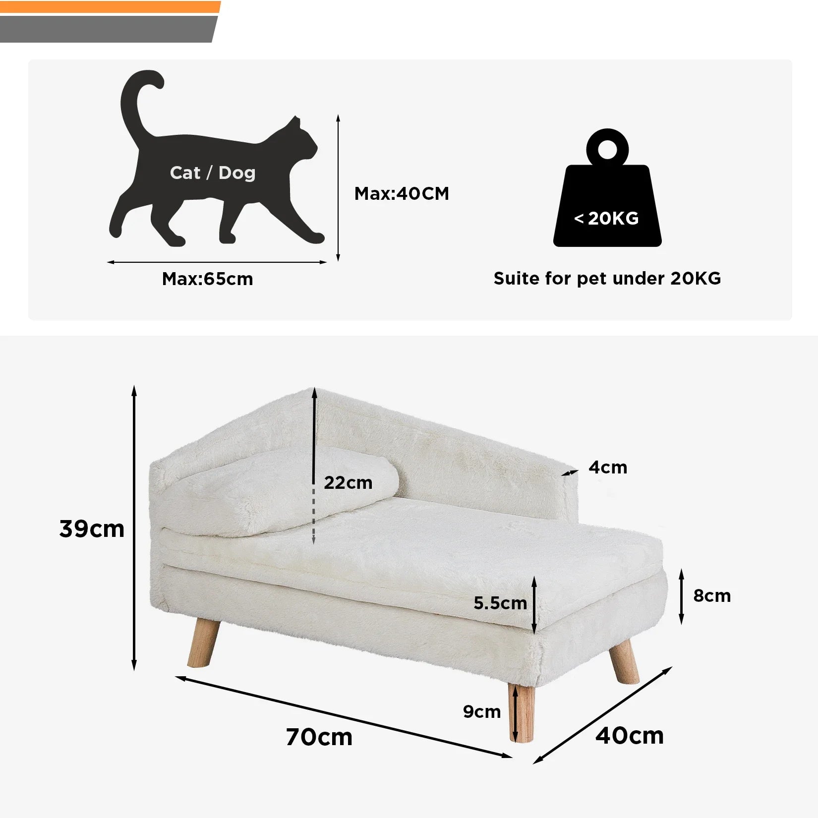 Waterproof Plush Elevated Cat Lounge Sofa with Solid Wood Legs & Cushion